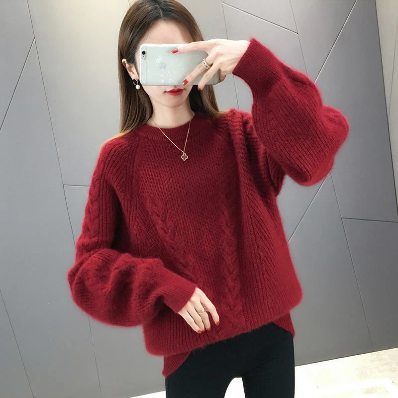 

Women's Loose O Neck Knitted Sweater, Bottoming Shirt, Warm Jacket, Female Outerwear, Autumn, Winter, New, 3XL