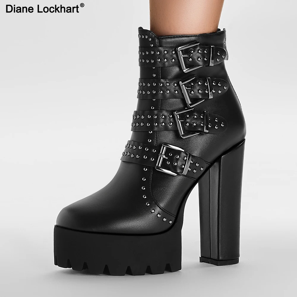 

Women's Platform Boots Sexy Round Toe Block Heeled Shoes Rivet Buckle Strap Ankle Boots For Women Goth Punk Style