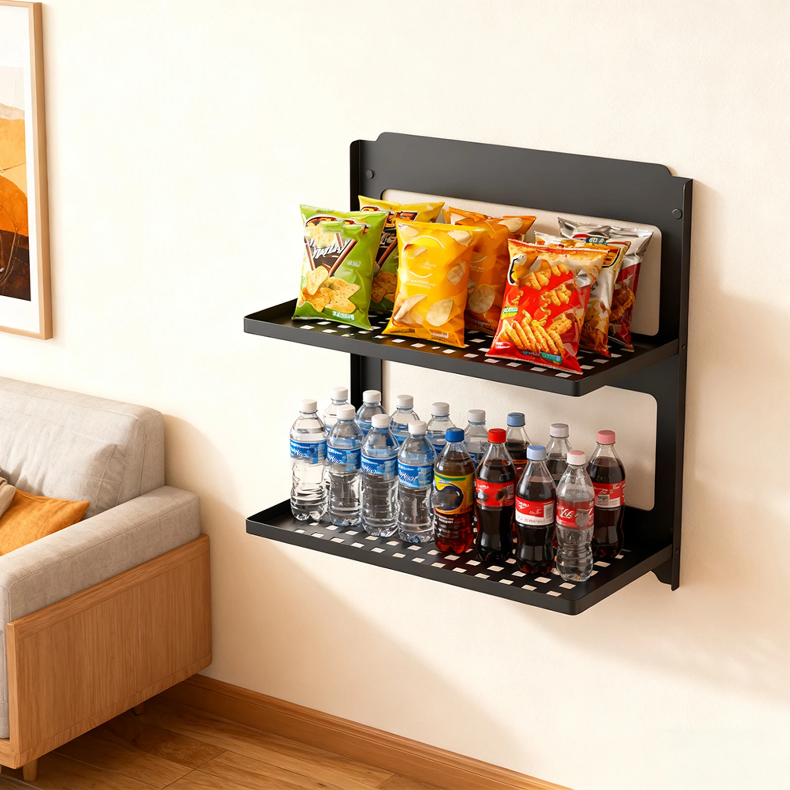 

2-Tier Black Iron Floating Shelf Combined Bathroom Shelves Wall-Mounted Metal Shower Shelf Rack for Living Room Kitchen Bathroom