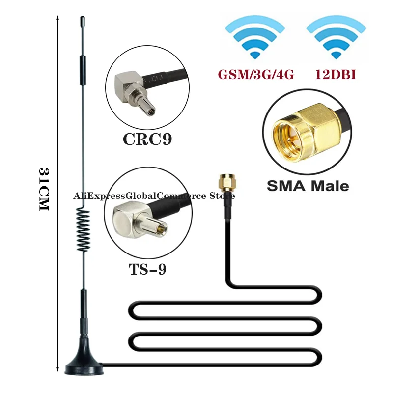 700-2700MHz 12dBi 2G 3G 4G LTE Magnetic Antenna TS9 CRC9 SMA Male Connector GSM External Router Antenna  3M