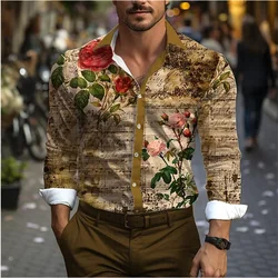 Camisa retrô de lapela tribal masculina, tecido macio e confortável, moda de rua ao ar livre, manga comprida, 2024