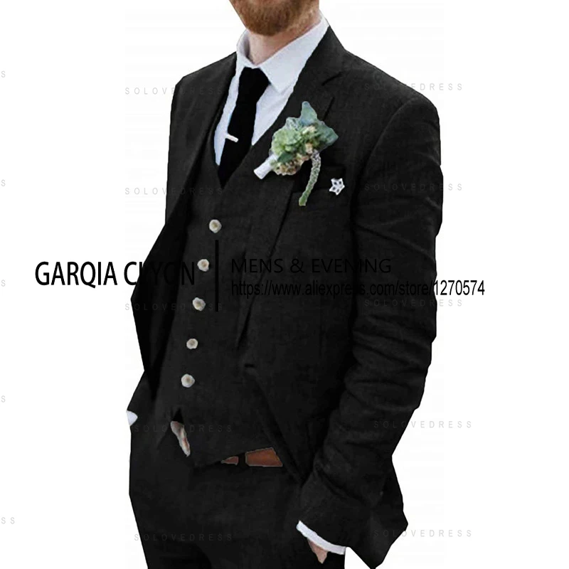 3 Piece Men\'s Retro Linen Men Suit Beach Wedding Suit Summer Slim Fit Linen Suit Groomsmen For Wedding(Blazer+Vest+Pants)