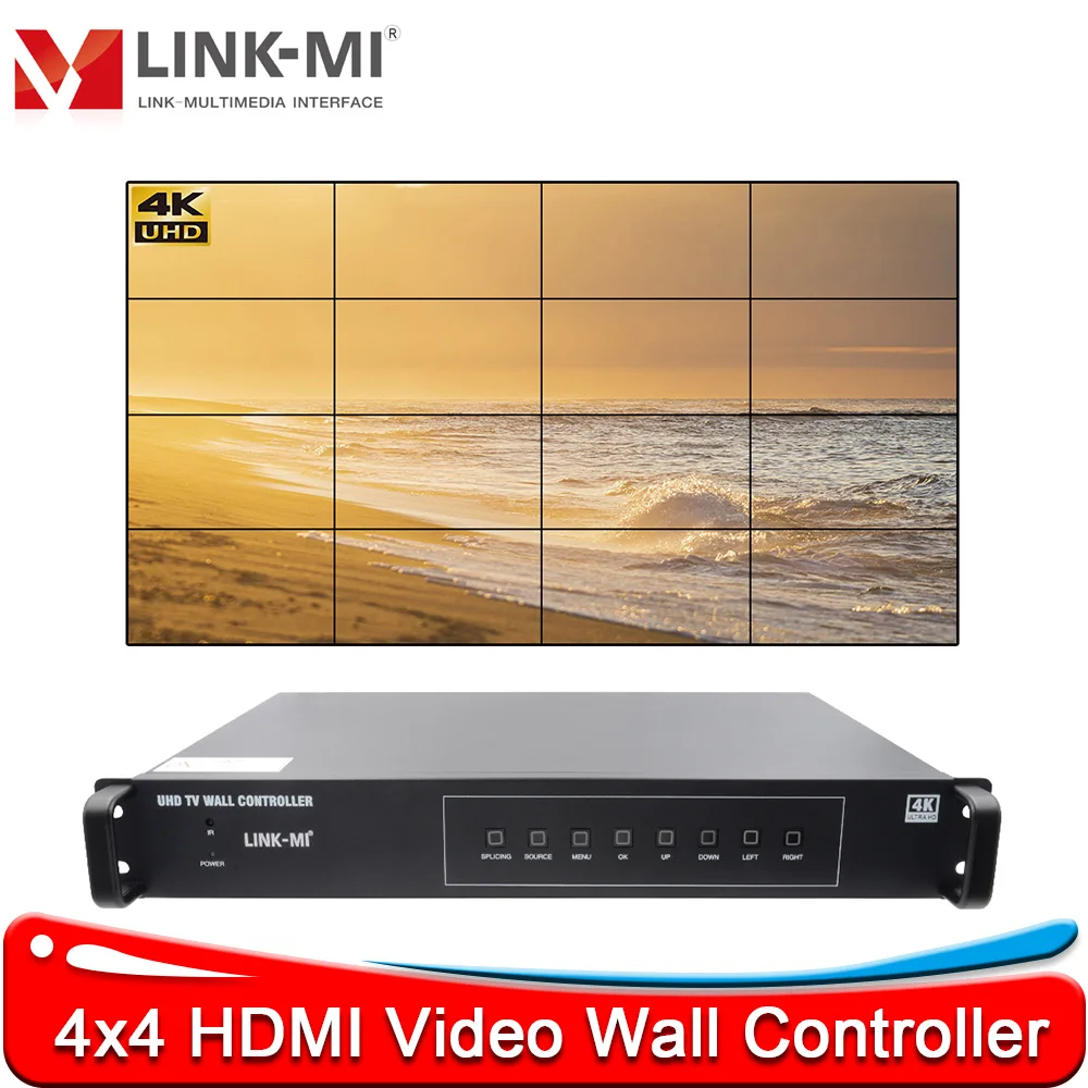 4x4 ビデオ ウォール コントローラー 16xHDMI 出力 4K@60Hz 4:4:4、HDCP 2.2、DP 1.2、PIP/回転/ボーダー調整、リモート コントロール