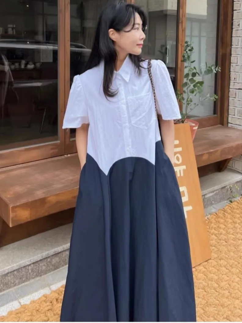 Colletto chic Bubble Sve Dr Vita alta da donna A-Line Midi Dr Color Blo Casual irt Sle ort Sve Long Dr