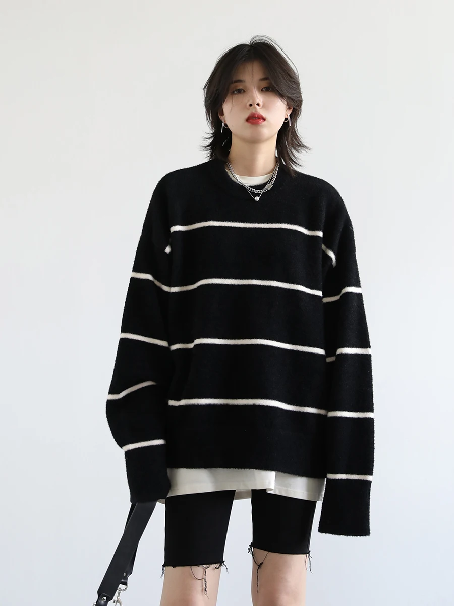 CHIC VEN Women\'s Sweaters Korean Casual Soft Stripe Knitted Jumpers for Woman O Neck Female Pullovers Ladies Coat Spring Autumn