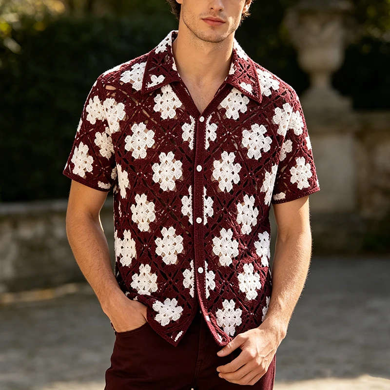 Vacation Leisure Mens Short Sleeve Knitted Shirts Summer Vintage Florals Embroidery Hollow Out Knit Shirt Tops Men Fashion Shirt