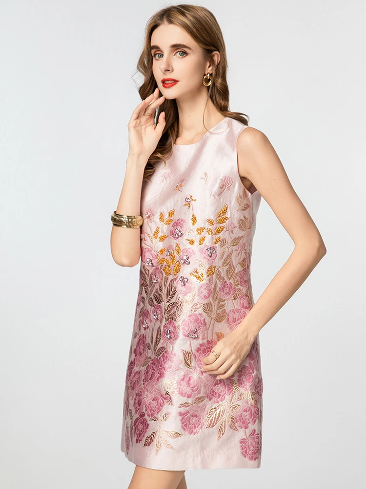 DSFACAIRIJ ผู้หญิงคริสตัลประดับด้วยลูกปัด Jacquard ชุดมินิ O-คอ Vintage เสื้อกั๊กแฟชั่นฤดูร้อนสําหรับหญิง