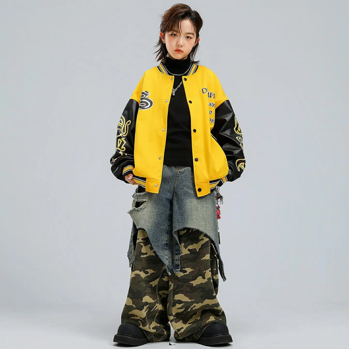 طفل Kpop الهيب هوب الملابس سترة صفراء سترة واقية الدنيم الأزرق كامو المرقعة ممزق السراويل لفتاة صبي أزياء رقص الملابس #1