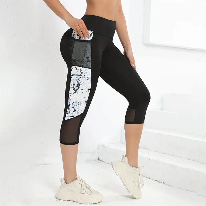 Marble Print Butt Lifting Sports Capri Leggings With Pockets, High Waisted Yoga Tight Capri Pants, Women\'s Activewear