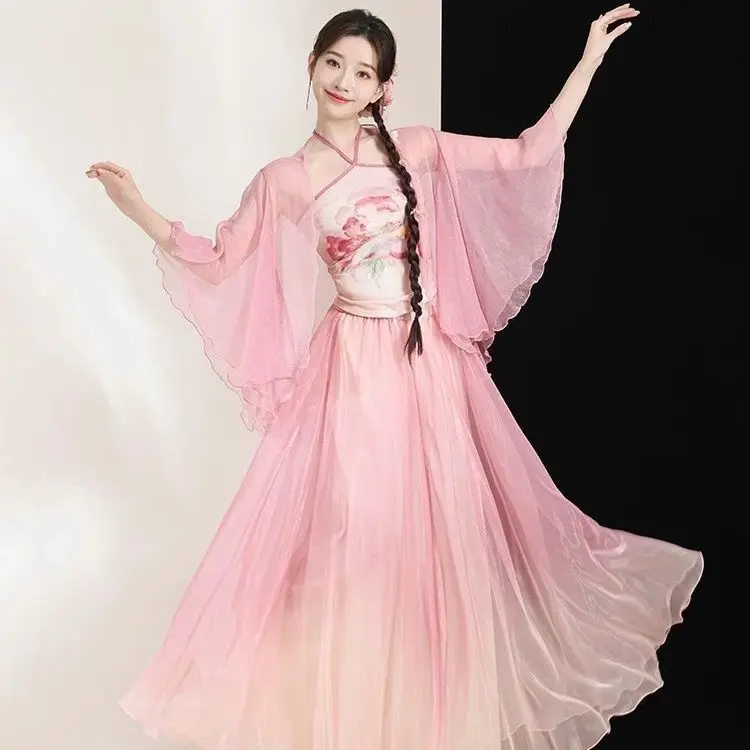 

Classical Dance Costume Elastic Fairy New Chinese Style Gauze Gradient Flared Skirt Chinese Dance Performance Practice Outfit