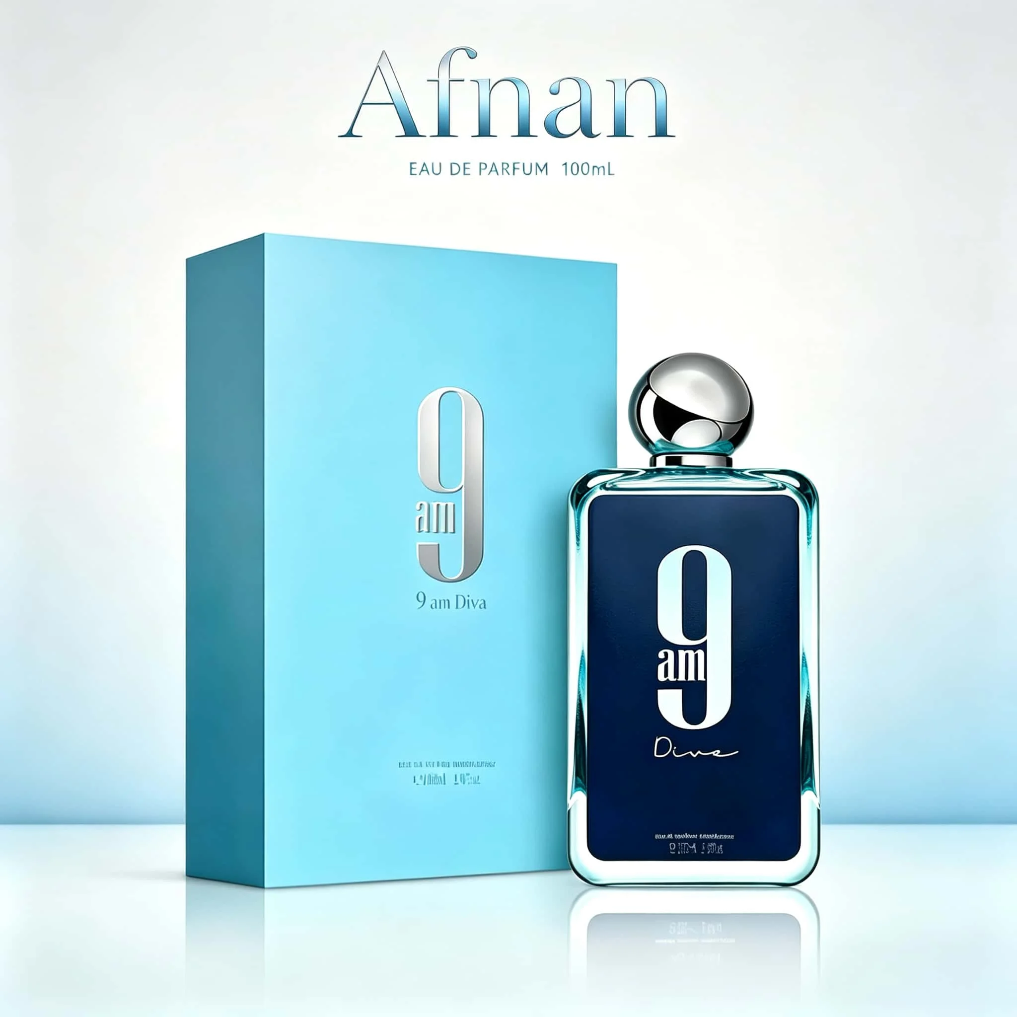 Afnan 9am Diva EDP 100ml Perfume Unisex, Botella Cuadrada Transparente Azul con Tapa de Bola Plateada, Caja de Regalo Azul Celeste, Fragancia Oriental Fresca y Duradera en Spray para Citas Diarias
