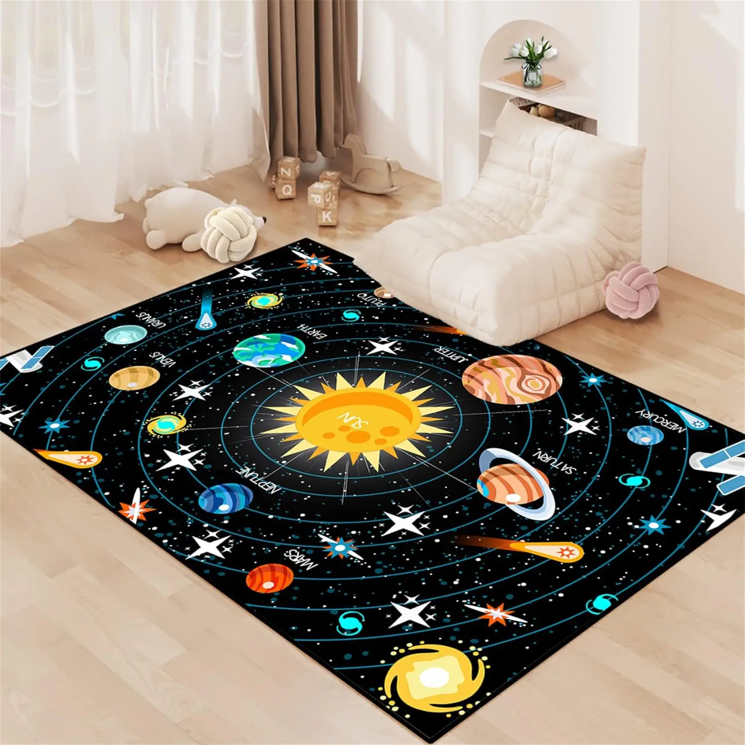Boys Space Area Rugs for Bedroom Educational Learning Large Carpet Rug Indoor Sofa Floor Mats Solar System Space Theme Living
