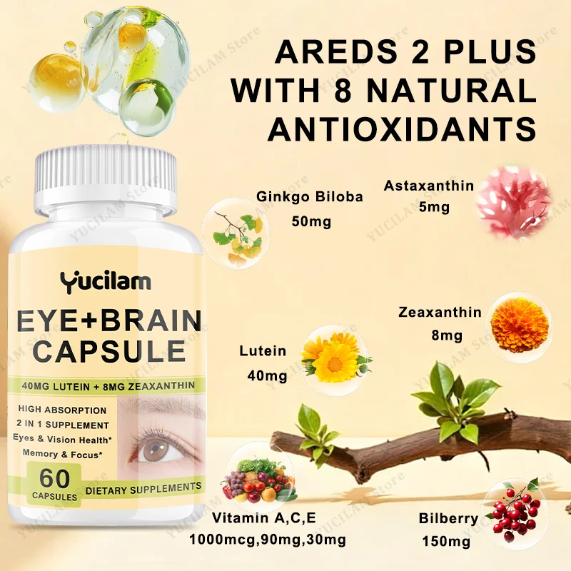 2 IN 1 Eye + Brain Capsule - 40mg Lutein + 8mg Zeaxanthin - Relieve Eye Fatigue, Support Healthy Vision, Improve Concentration