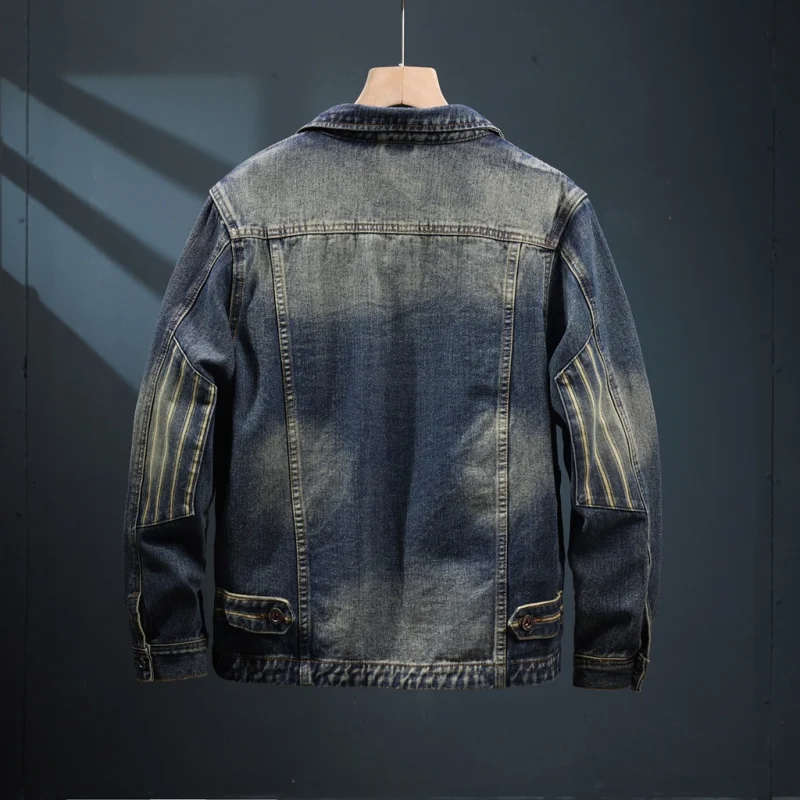 2024 New Fall Denim jacket men's fashion lapel loose retro multi-pocket washed nostalgic casual street clothes