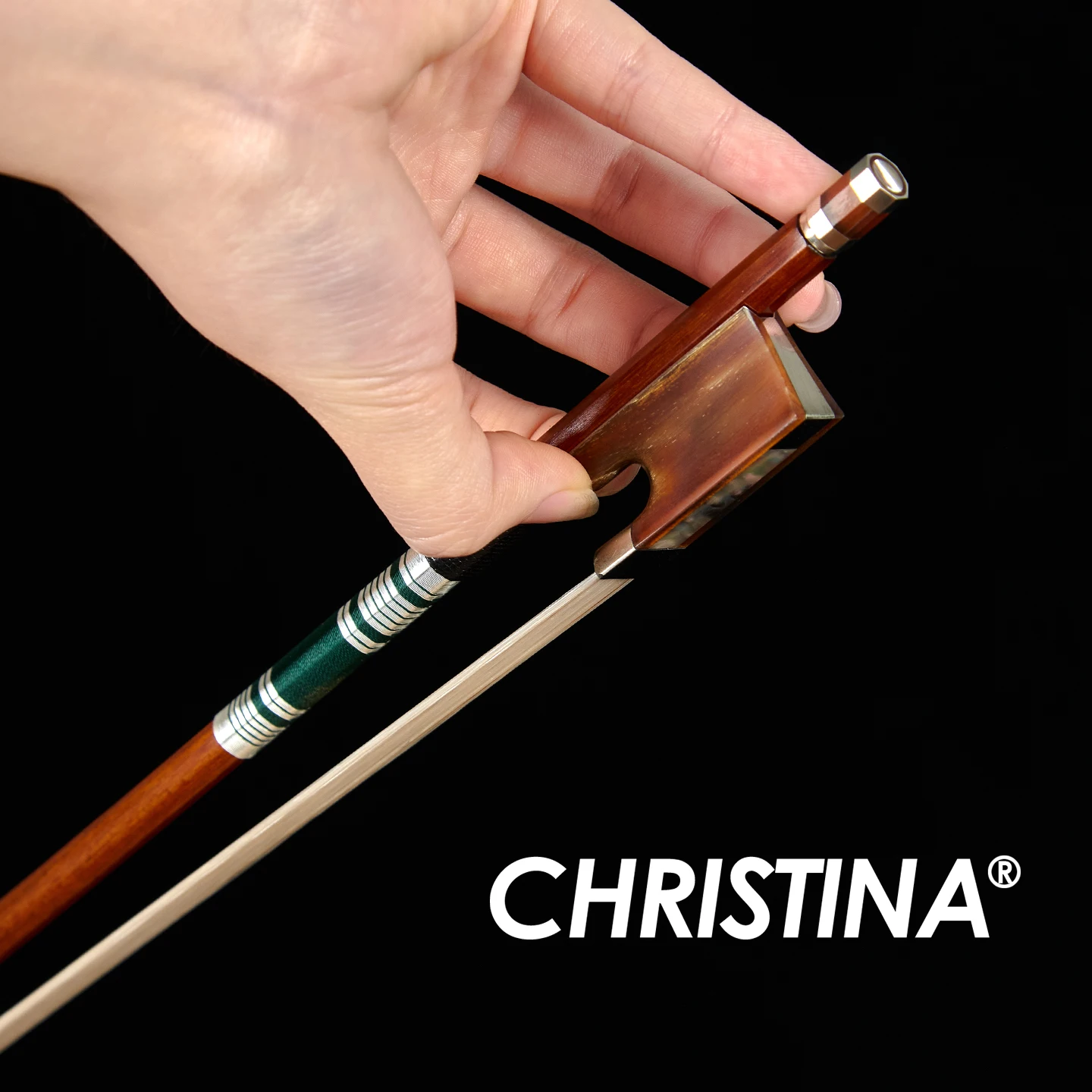 CHRISTINA Violin Bow G08 Rosewood Round Stick Red Ox Horn Frog Inlaid with Abalone Shell 4/4 Size Silk Copper Winding