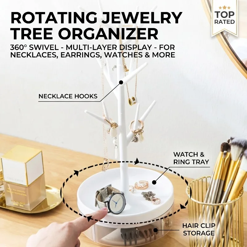 360 Rotating Jewelry Organizer Display Stand for Earrings Necklaces Rings Bracelets Dressing Table Storage with Multi Layers
