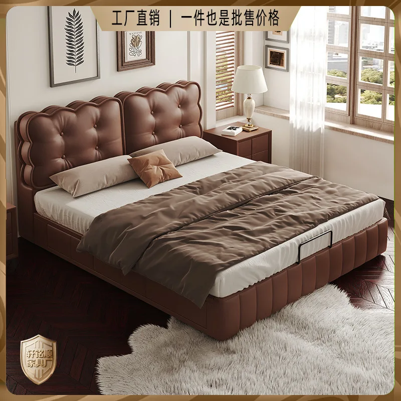 Retro style biscuits leather bed light luxury Italian minimalist bedroom modern minimalist wave soft bag three drawers storage b
