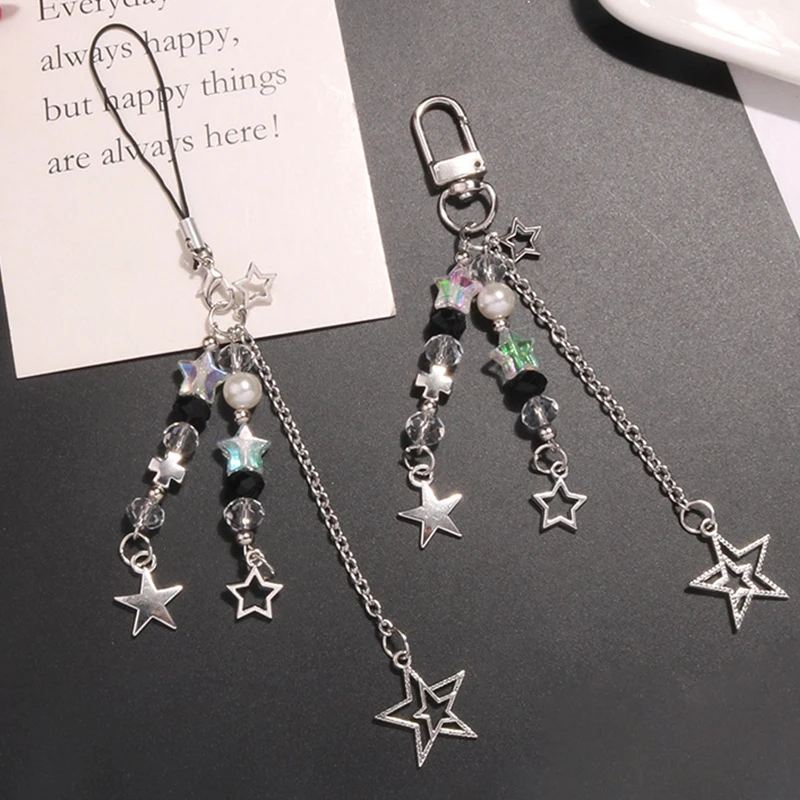 Goth Y2K Phone Charm Star Pearl Keychain Pendant Kawaii Key Chain Bag Beaded Phone Chain Cute Accessory For Girls Women Jewelry