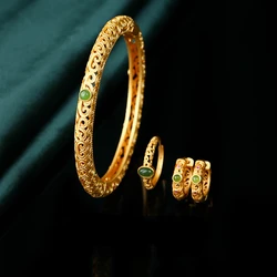 Ethnic Chinese Inlay Jade Earrings for Women Retro Hand Craving Bangle Ring Hollow Design Golden Color Luxury Jewelry Gifts Set