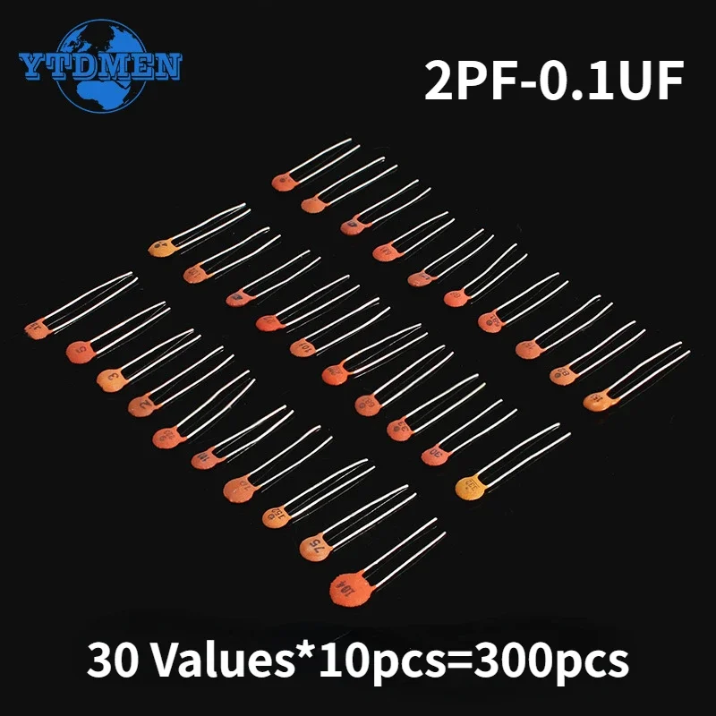 300PCS Ceramic Capacitor Set Pack 2PF-0.1UF 30 Values*10pcs Capacitor Assorted Kit