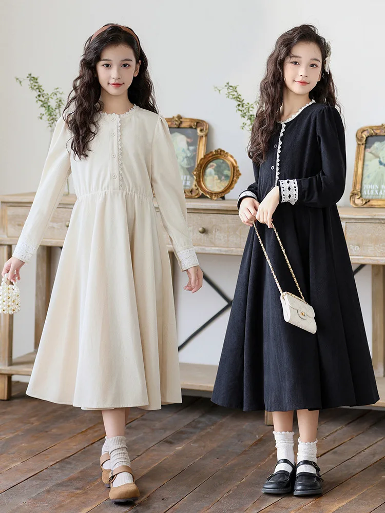 Corduroy Girls Dresses Tween Beige Black Clothes Spring Winter Fall Long Sleeve Dress For Girl 6 8 9 10 11 12 13 14 15 20 Years