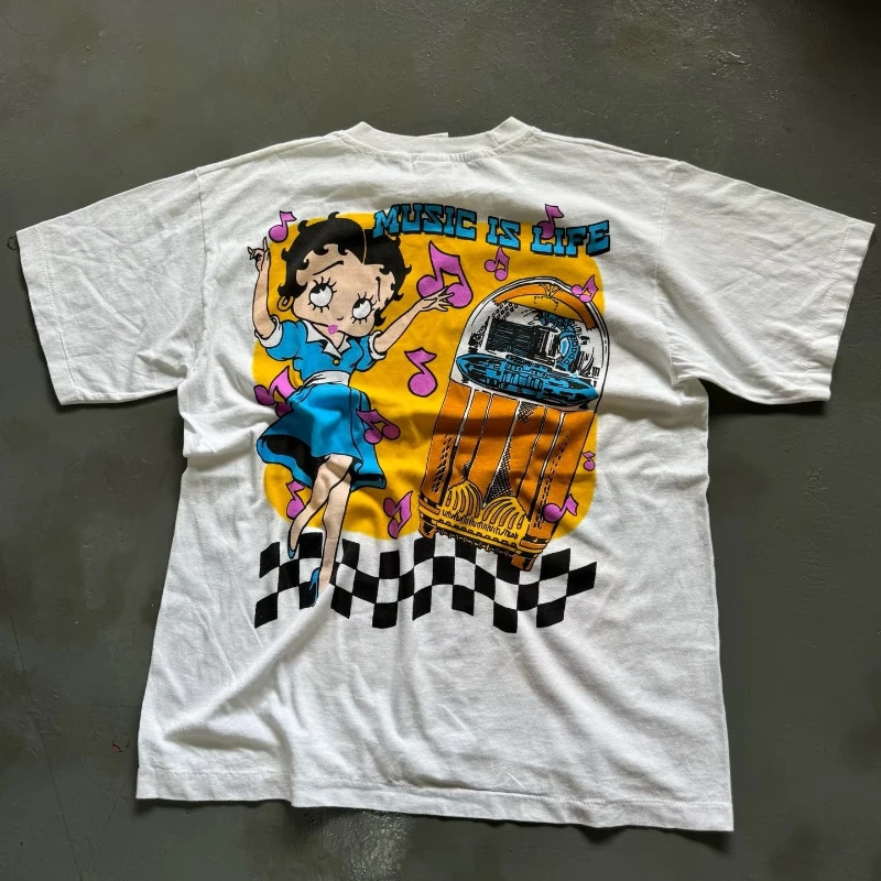 Miniso Betty Boop Y2k خمر 90s الكرتون أنيمي فضفاض ريترو قصيرة الأكمام الرجال والنساء الشارع الصيف موضة جديدة تي شيرت
