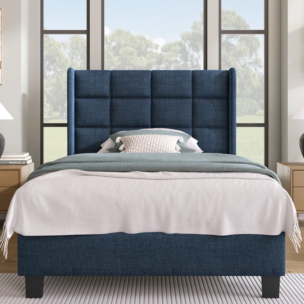 PINGGO Modernes Gepolstertes Einzelbett 90x200cm Blaues Leinen Gepolstertes Kopfteil Schiefergitter Mittlere Festigkeit Ohne Matratze – Detail 1