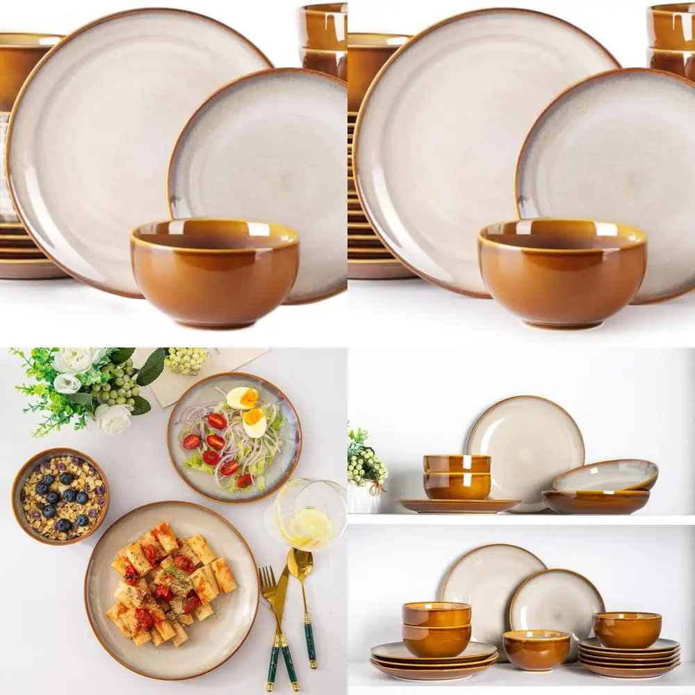 

8-Piece Stoneware Dinnerware Set: Handcrafted Reactive Glaze, Oven/Dishwasher/Microwave Safe, Chip & Scratch Resistant - Khaki (