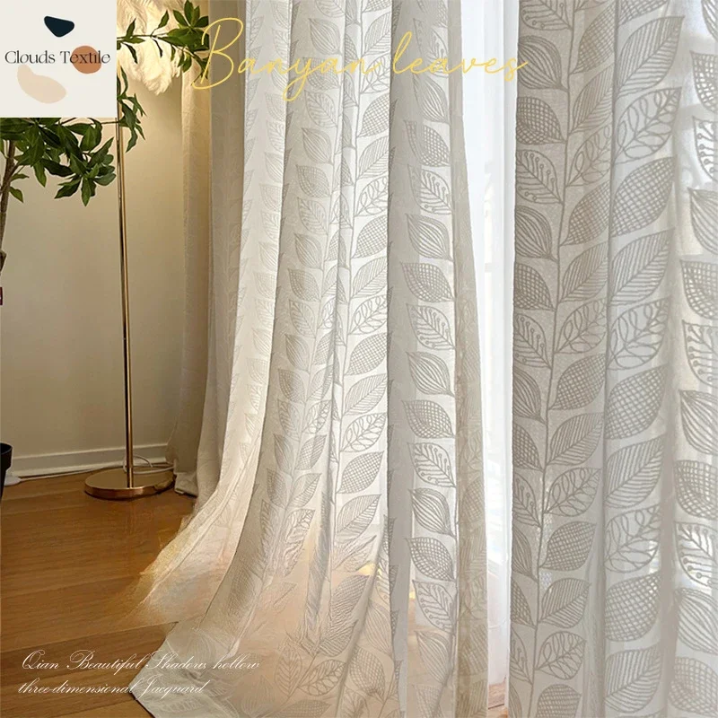 French Cream Wind Leaves Curtains for Living Dining Room Bedroom New Light-transparent Impermeable Curtains Customise