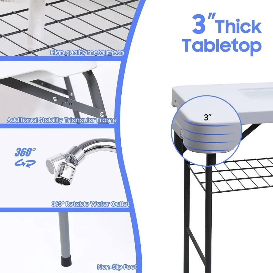 طاولة تنظيف الأسماك مع حوض وصنبور عالمي مزدوج للتخييم والنزهات الخارجية: محطة تسخين الأسماك المحمولة مقاس 42.5 بوصة F