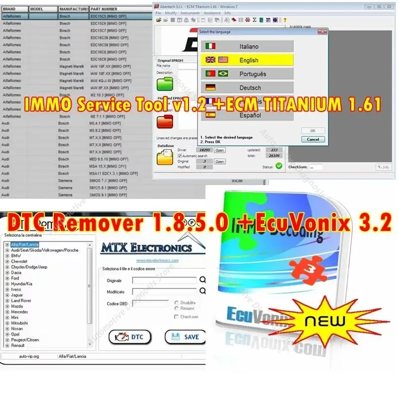 IMMO Service Tool v1.2 MTX DTC Remover 1.8.5.0 Software with Keygen+ECM TITANIUM 1.61+EcuVonix IMMO Universal Decoding v3.2
