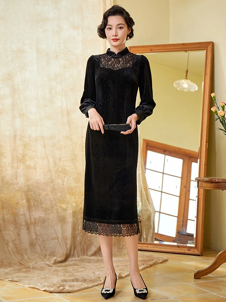 

Облегающее черное ципао с длинными рукавами и пуговицами, традиционное китайское платье, осенне-зимняя новинка, женская модная одежда