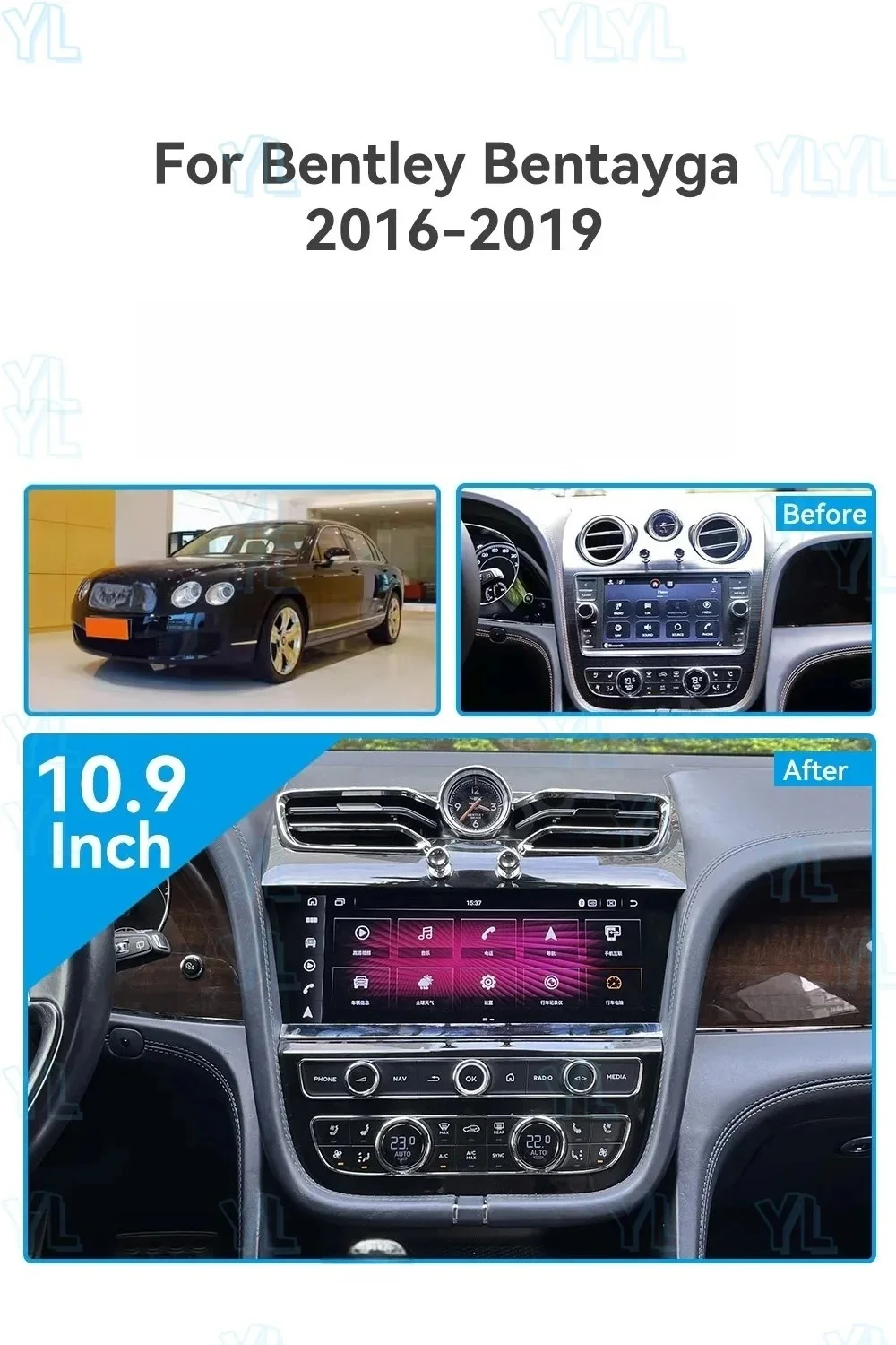 10.9 inch Multimedia Android 14 player car Radio For Bentley Bentayga 2016 2017 2018 2019 Wireless CarPlay Bluetooth Head unit