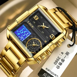 LIGE Top Brand Luxury Fashion Men Watches Gold Steel Sport Square Digital Analog Big Quartz Watch for Man Relogio Masculino+BOX