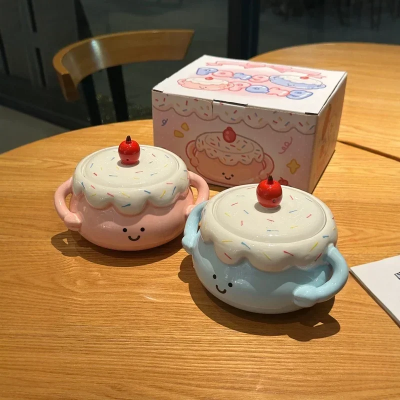 Jelly Cat Cherry Cake Ceramic Bowl Ear Bowl Cute Smiling Face Instant Noodles Bowl Couple Tableware Valentine'S Day Gift