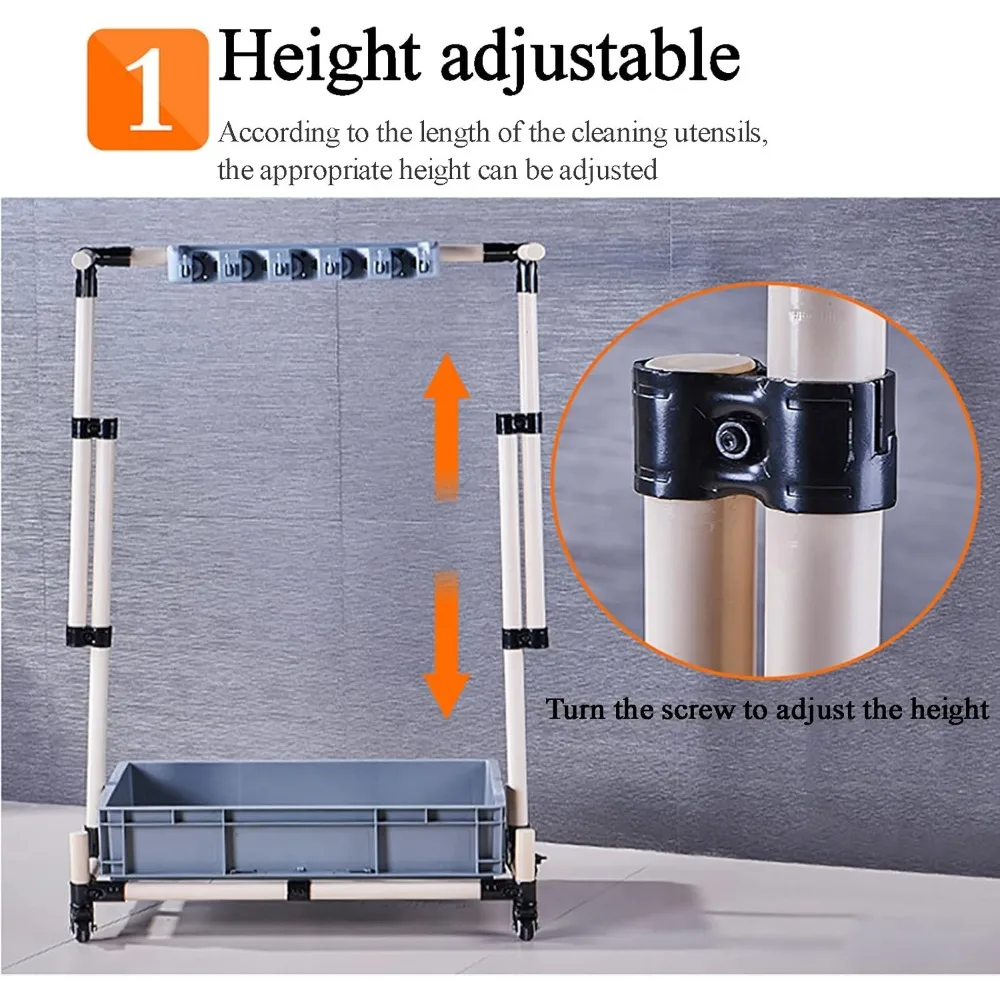 رف تخزين الممسحة والمكنسة المثبتة على الأرض، عربة تنظيف متنقلة للمماسح المبللة والمكانس #3