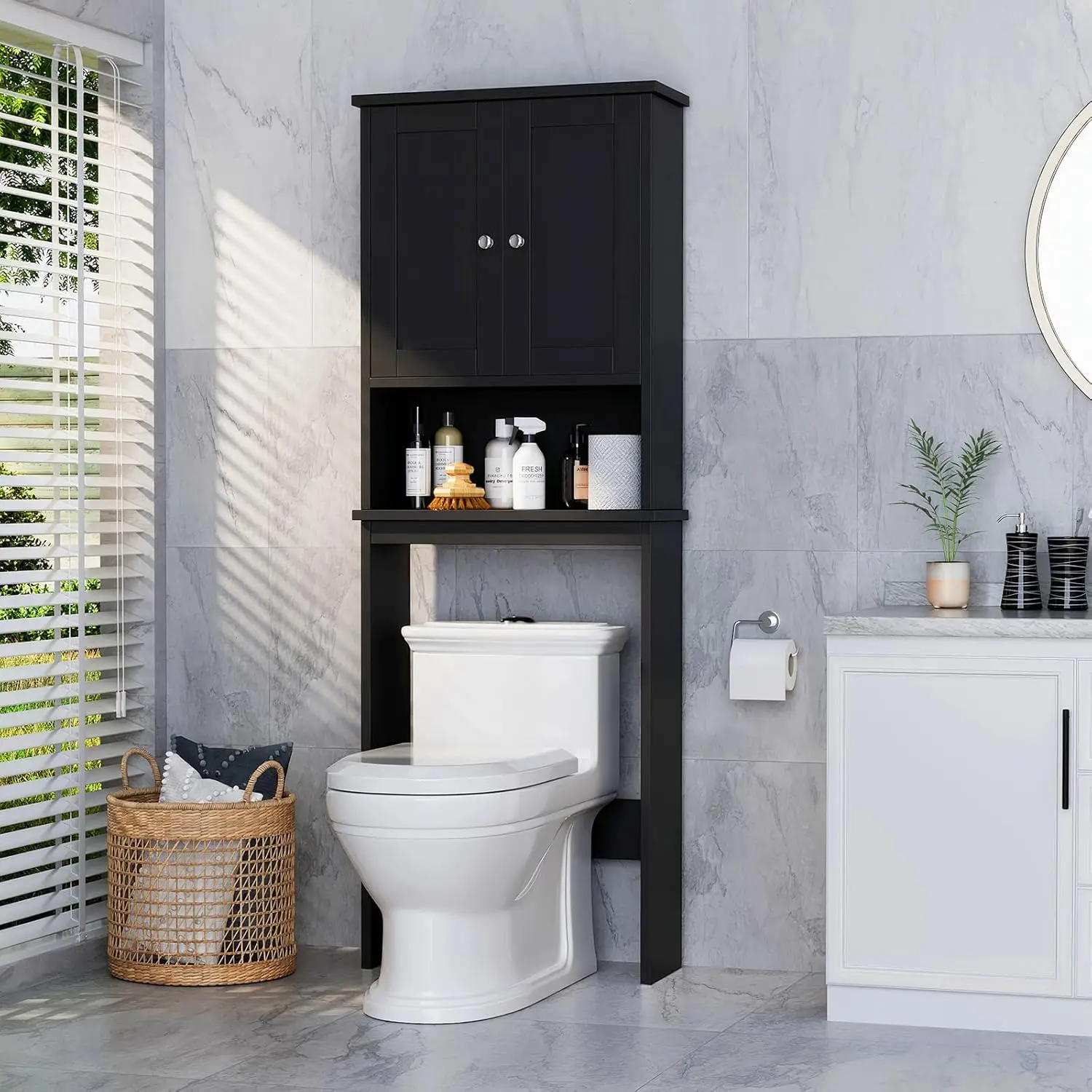 

Over The Toilet Storage Cabinet for Bathroom, Black Bathroom Storage Over Toilet, Space Saver W/Adjustable Shelf and Ope