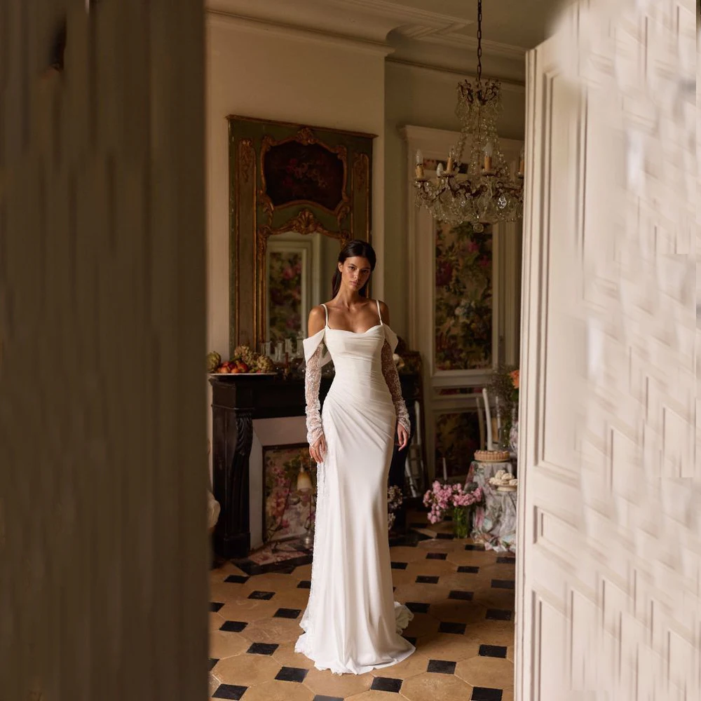 

Индивидуальные свадебные платья из крепа, сексуальные и элегантные, с открытыми плечами, вырезом «сердечко», высококачественные, фасон А-силуэт, длиной в пол, с кружевом и бисером