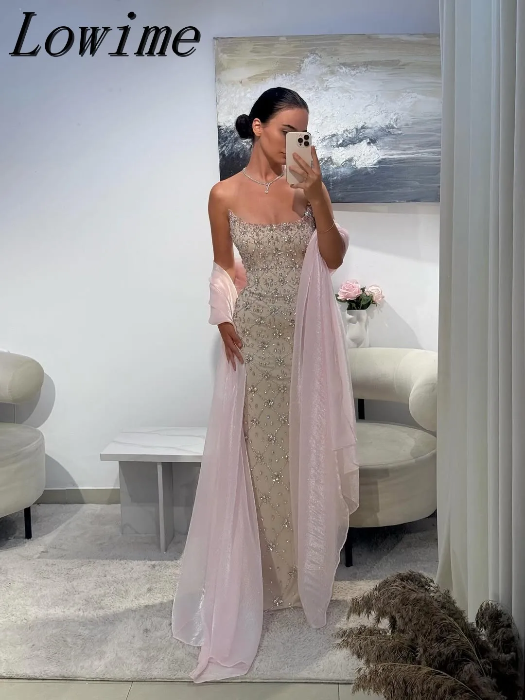 

Customized Gorgeous Sparkly RhineStones Long Formal Evening Party Dress 2 Pieces Off Shoulder Hand Sew Mermaid Prom Gown