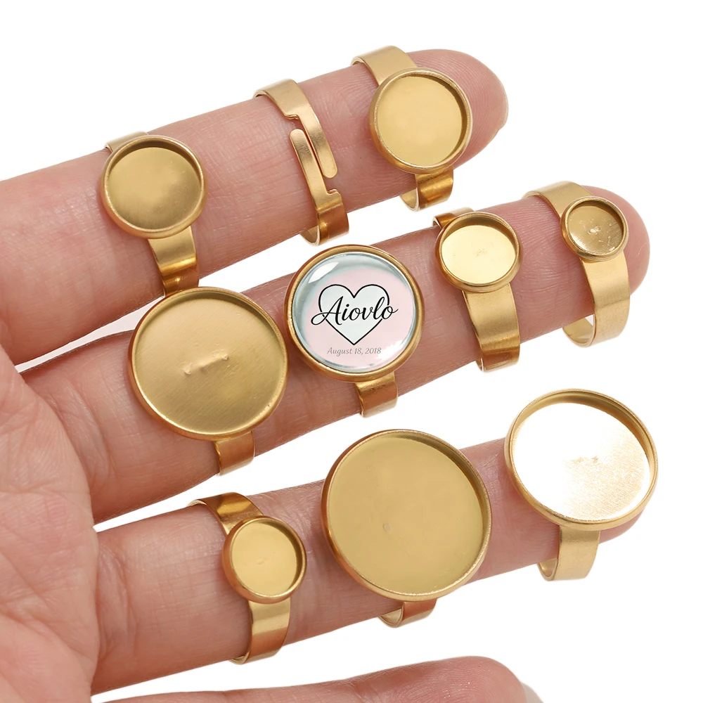 

10PCS 18K Vacuum Plated Stainless Steel 6-20 Adjustable Ring Settings Blank Cabochon Bezel Trays for DIY Jewelry Making Bulk