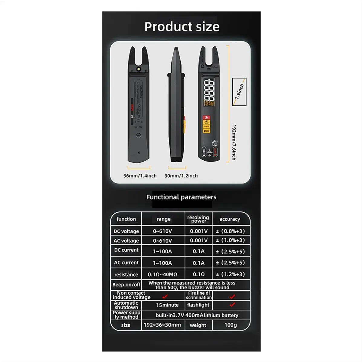 MALL  U0 Digital Clamp Meter Fork DC AC 100A Smart Ammeter Pliers TRMS Current Auto Multimeter Voltage Electrical Tester