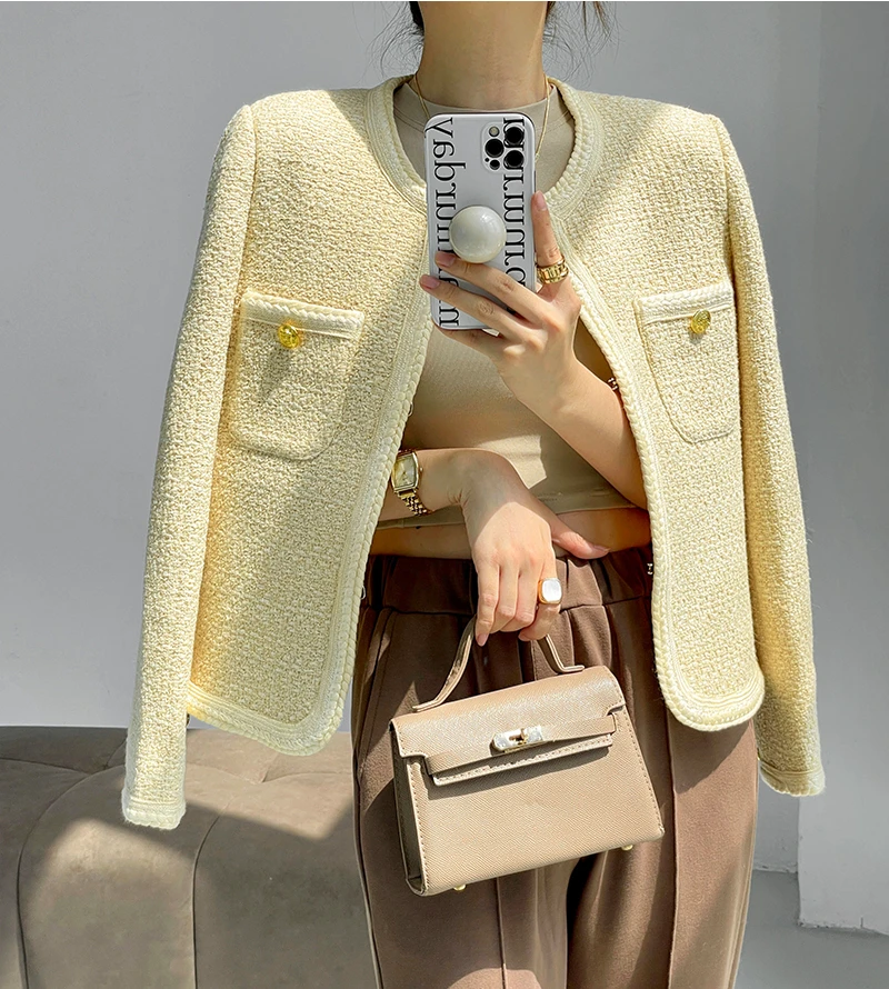 Pink Tweed Jacket Women 2024 Fall Winter Especially Women Luxury Yellow Tweed Jacket Elegant Long Sleeve Korean Cropped Jacket