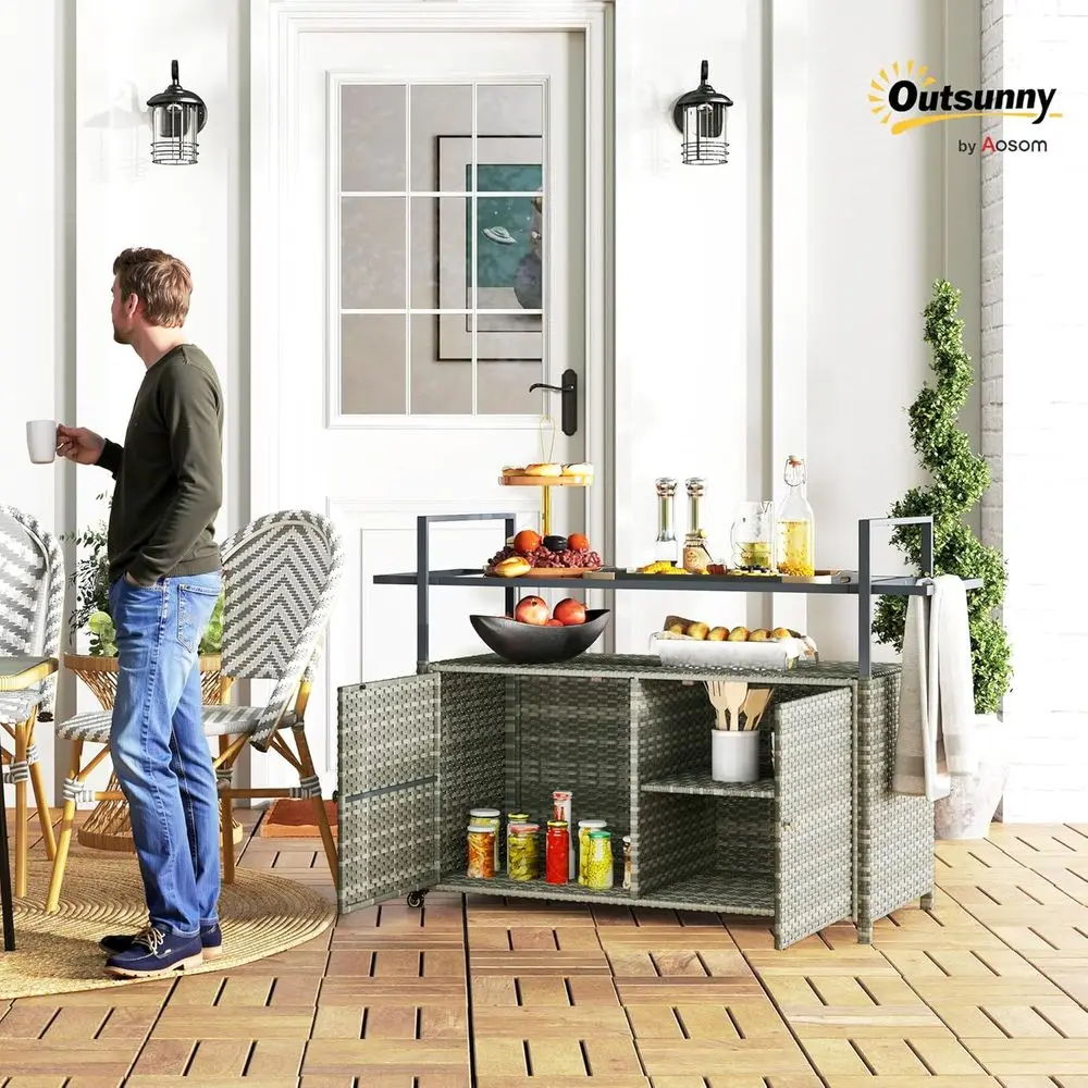 PE Rattan Outdoor Storage Cabinet, Wicker Outdoor Bar Table Kitchen Island with Wheels & 2-Tier Shel, Patio Serving Cart with Gl view 2