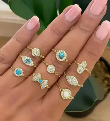 Factory Wholesale Fashion Women Finger Jewelry Gold Color Geometric CZ Charm Adjust Chain Ring