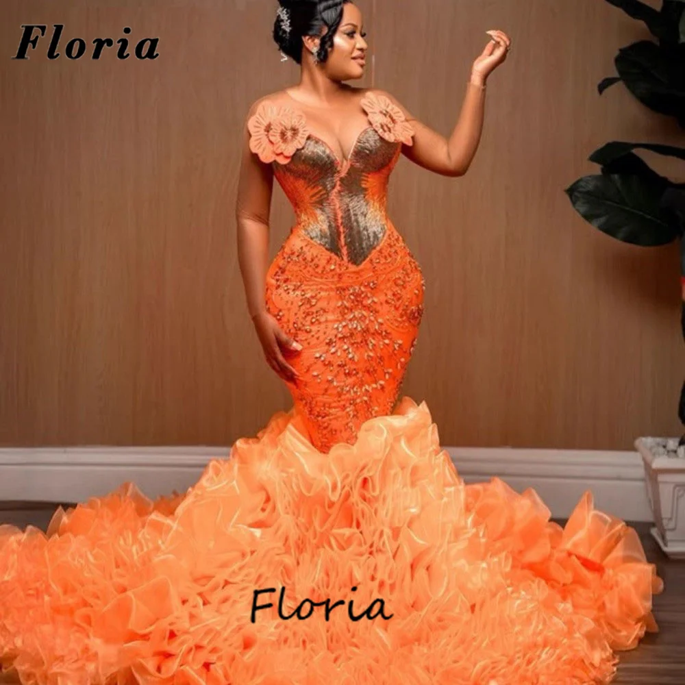Afrikanische orangefarbene Meerjungfrau-Abendkleider, Stufenrock, Aso Ebi 2025, schwarze Mädchen, Perlen-Abschlussballkleid, Hochzeits-Party-Kleider, individuell gestaltet