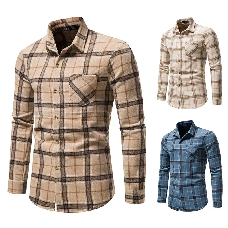 

2023 New Men's Thickened Flannel Plaid Shirt, Youth Fashion Casual Long Sleeved Shirt