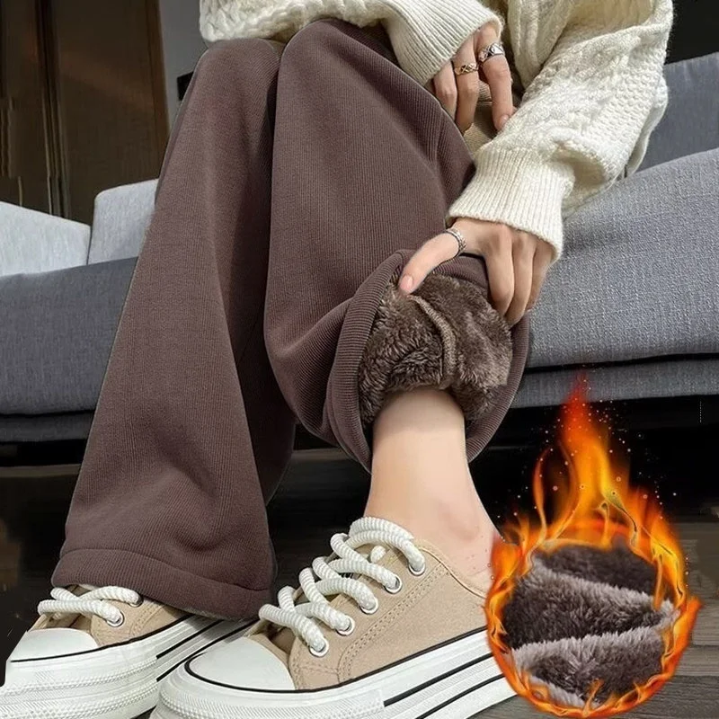 Women's High Waist Fleece Lined Thickened Straight Leg Pants Autumn Winter New Style Casual Polyester Fiber Slimming Effect