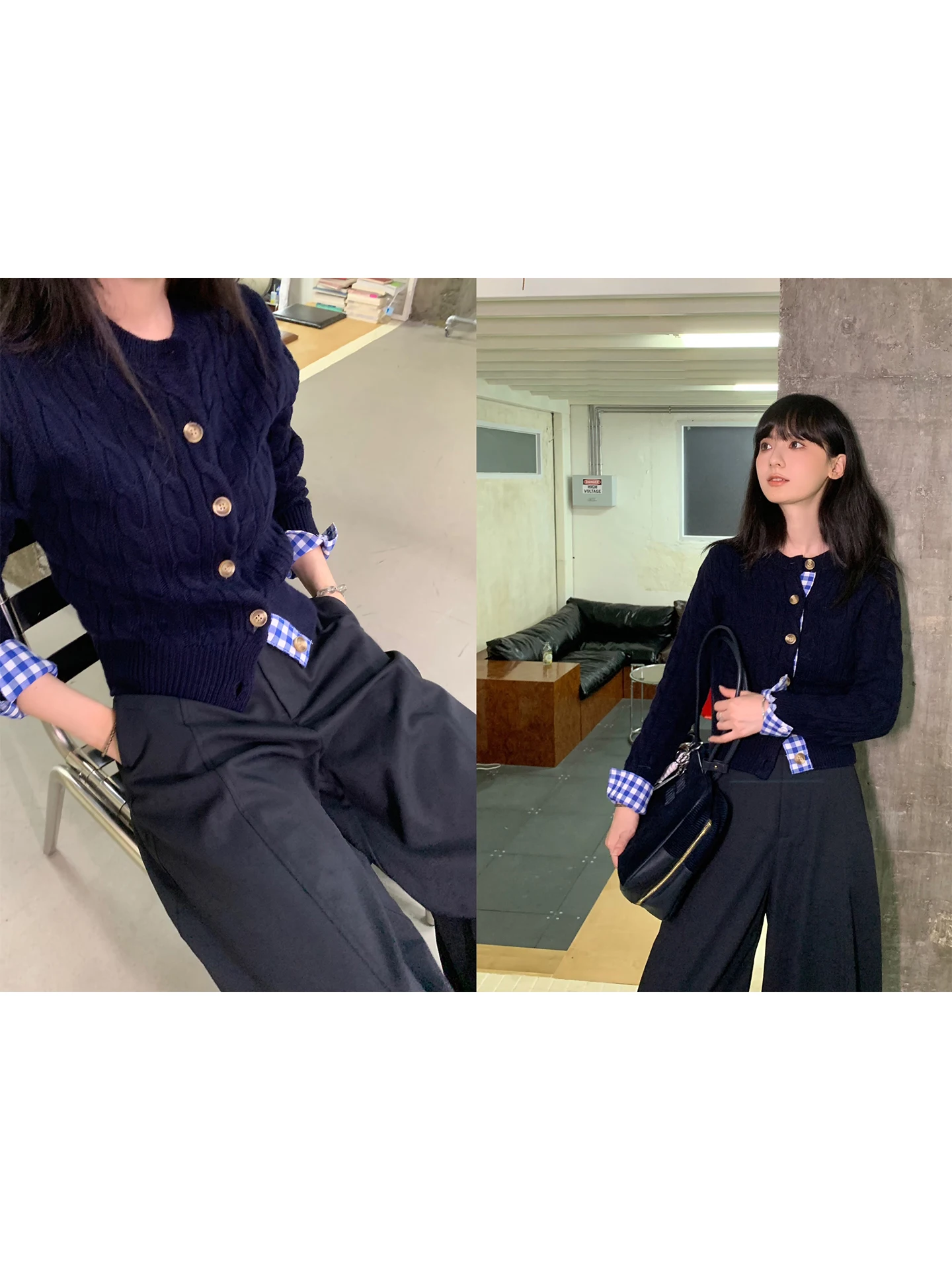 

Вязаный повседневный одяг в стиле ретро с круглым воротником, синий узор, витой цветочный дизайн, искусственный двухсекционный длинный свеч для...