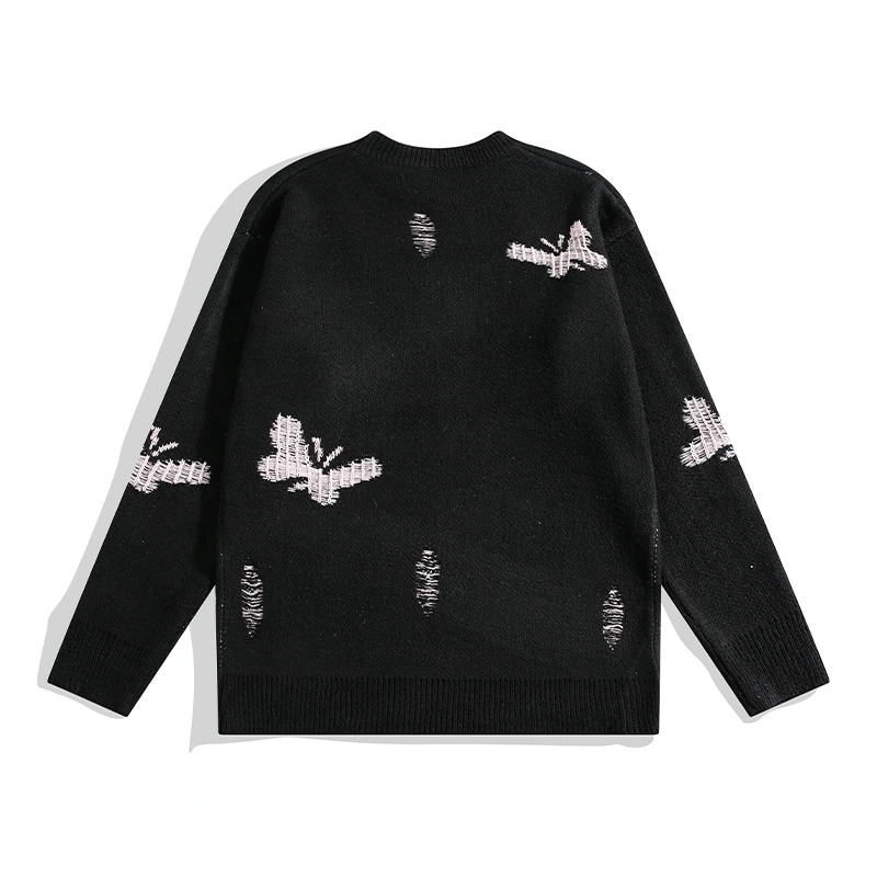 Abfer Sweater Men\'s Winter Autumn Knit Butterfly Pullover High Street Jersey Knitted Harajuku Jumpers Vintage Frayed Sweaters