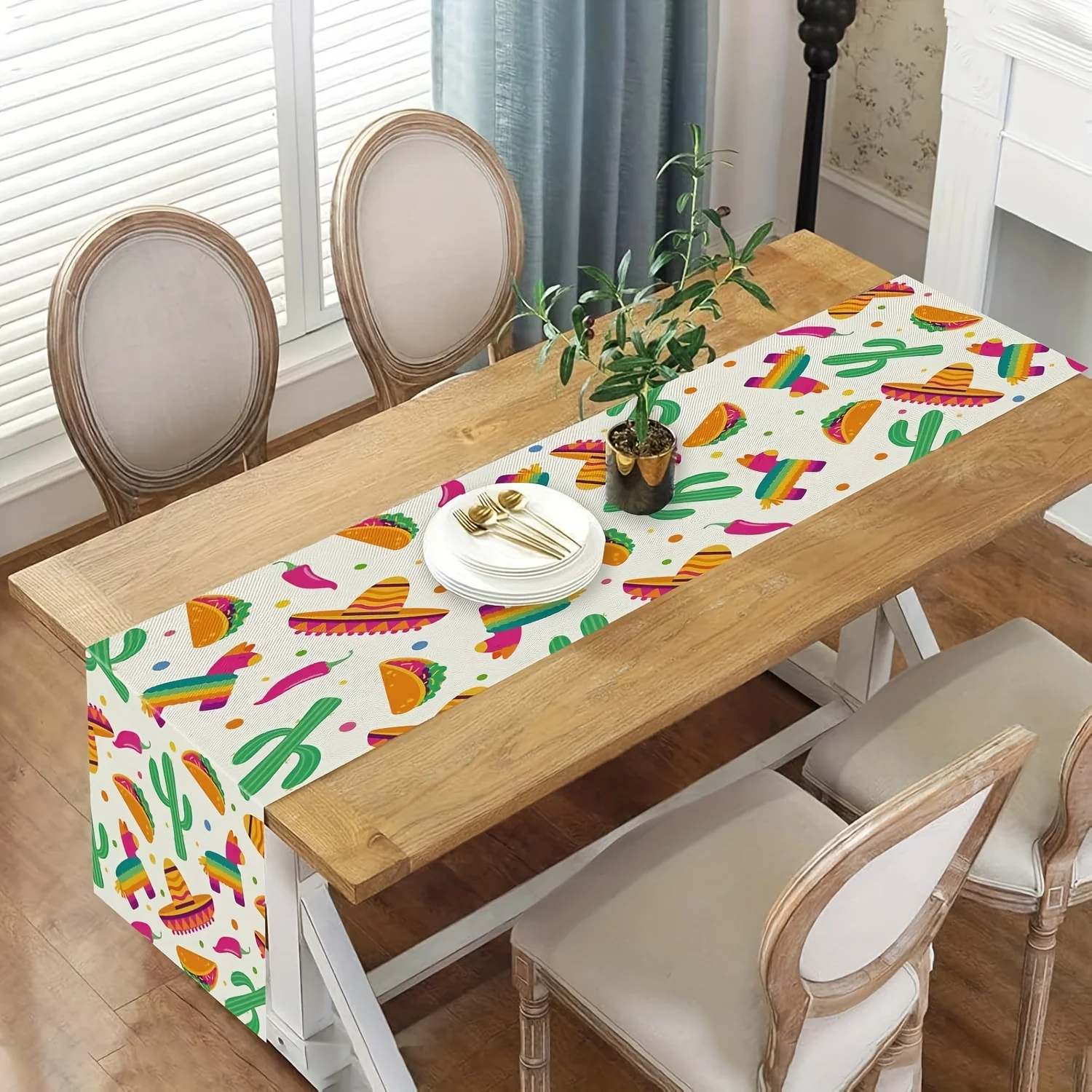 Cinco de Mayo Table Runner -  Linen Cactus Pinata Mexican Fiesta Party Decor